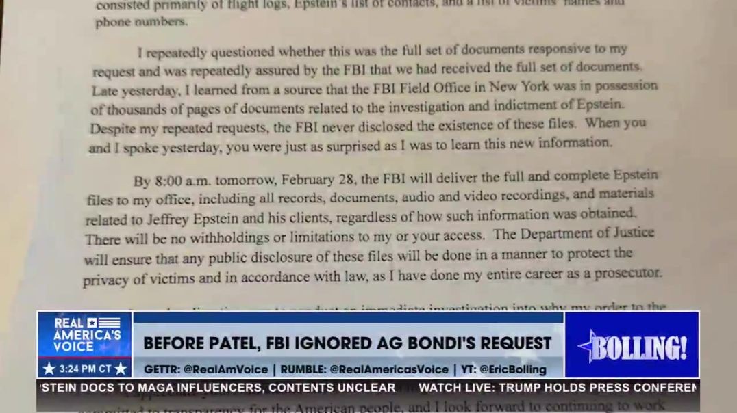 ⁣BONDI’S LETTER TO KASH PATEL CONCERNING EPSTEIN FILES